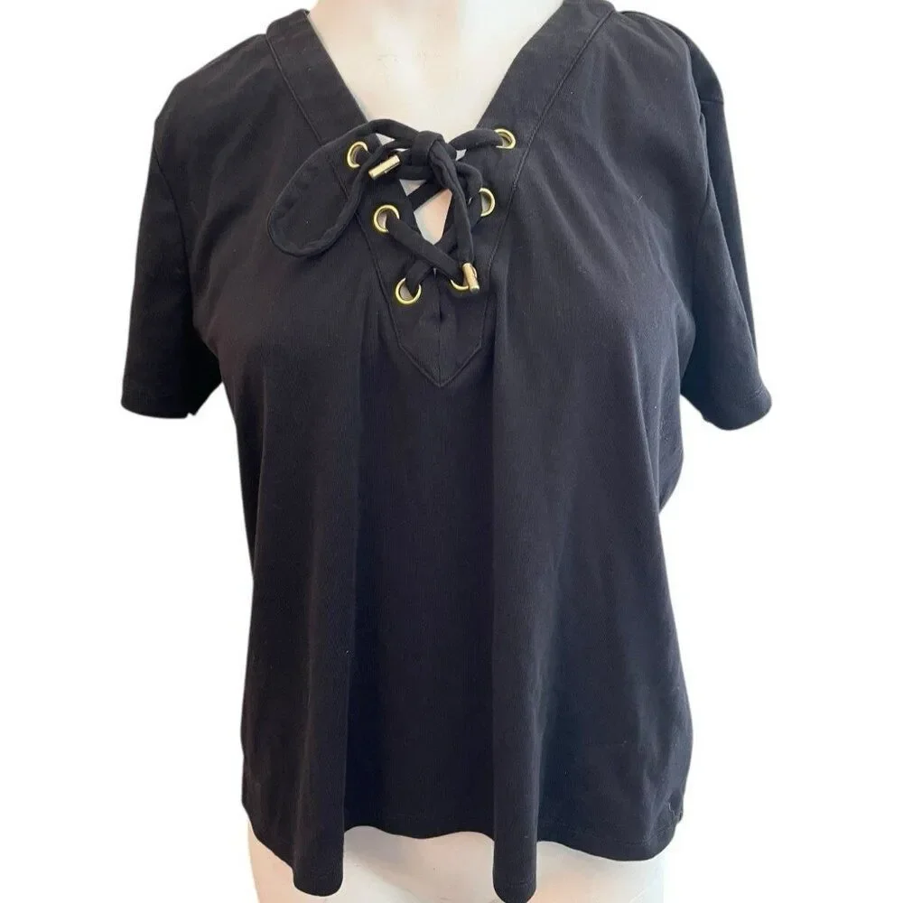 Michael Kors Ladies XL Black LaceUp V Neck Blouse T Shirt Short Sleeve Top